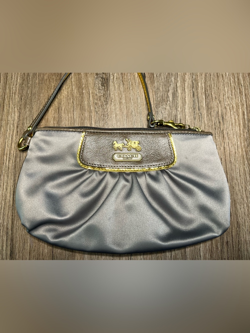 Coach Amanda Metallic Gray Satin Wristlet with Gold Trim